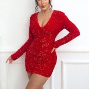 Long Sleeved V-Neck Red Sequin Dress